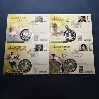 【全场包邮】纯粹捡漏拍517场 - 【纪念章】德国2011年德国体育与奥林匹克博物馆历史传奇系列精制纪念邮章封4枚套（女子跳高乌尔里克·迈法特/男子游泳迈克尔·格罗斯/女子游泳克里斯汀·奥托/女子足球布里特·普林兹）