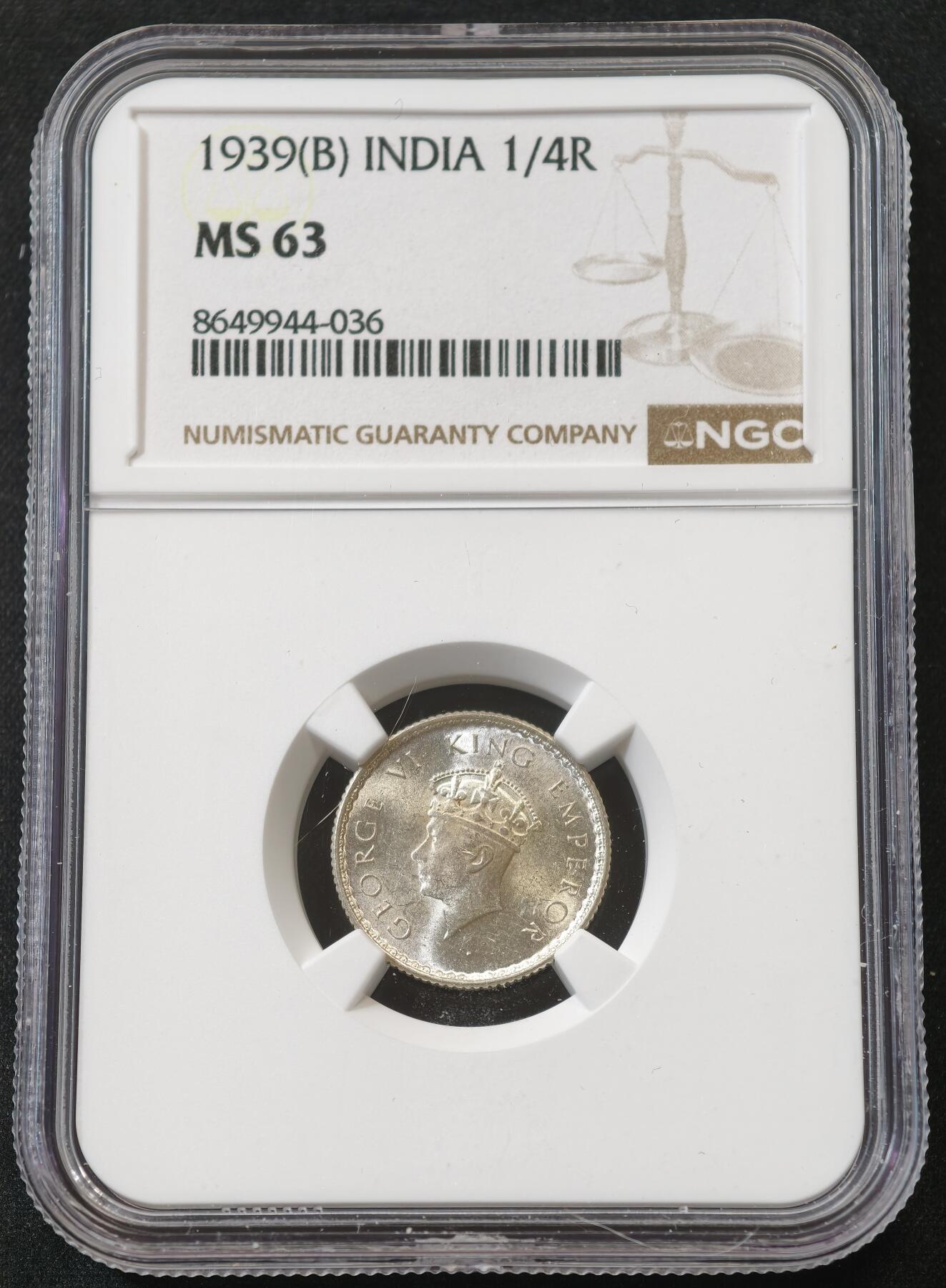 甄臻铺-世界币章拍卖（第58期），送拍享返佣金等优惠多多 NGC-MS63 1939年英属印度乔治六世1/4卢比
