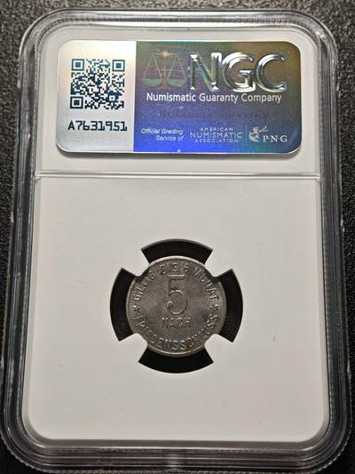 【德藏】世界币章拍卖第170期（拍品征集中~欢迎藏友联系） 1917年 德国紧急时期厄本多夫5芬尼铁币 NGC MS64 保存不易 好品难得