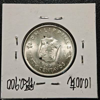 【德藏】世界币章拍卖第170期（拍品征集中~欢迎藏友联系） 老藏家集藏系列之- 1947年 菲律宾麦克阿瑟将军50分纪念银币 800银 直径约：27.5mm；重约：10g 入册20余年·附有当年购入价