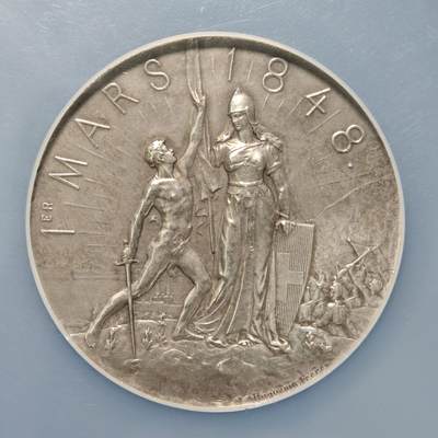 【德藏】世界币章拍卖第170期（拍品征集中~欢迎藏友联系）  1898年 瑞士纳沙泰尔加入联邦50周年48mm纪念大银章 NGC UNC 重量45克 正面是纳沙泰尔人民欢庆加入联邦50周年的场景，背面是1848年和1898年的双年份。雕刻精美，包浆自然，品相完好