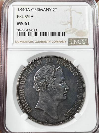 万国钱币拍卖第064期 - NGC MS61 1840年德国普鲁士威廉三世大窗帘流通2泰勒 仅2年发行的普鲁士2T开山品种 比威廉四世难度大很多 原味欧陆五彩裹身高点俱佳