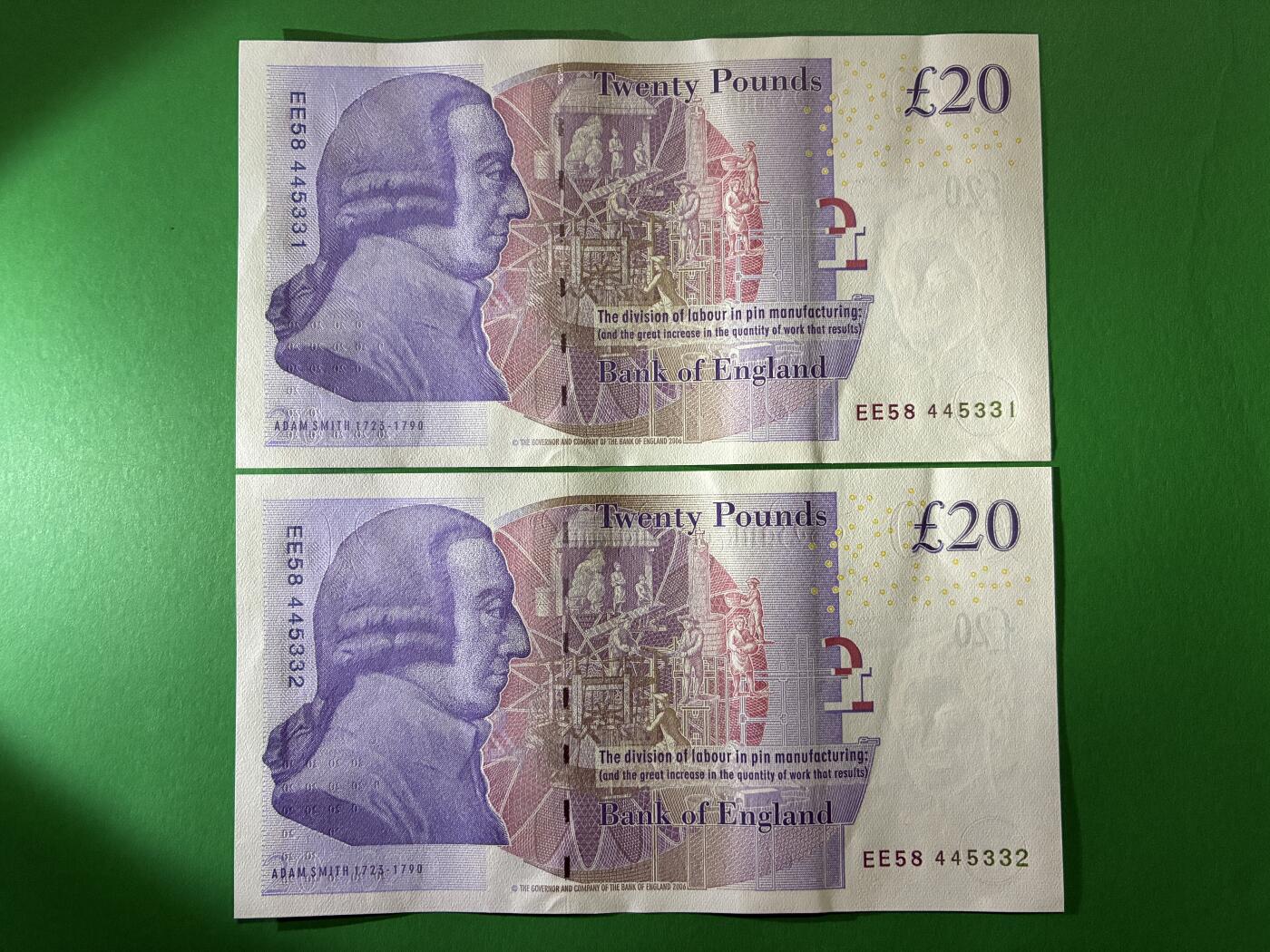 咖啡豆•收藏 2026年Apr_7th世界各国纸币拍卖 2枚 英国 2006年 20英镑 全新UNC连号 外国 欧洲纸币 31-32 女王钞