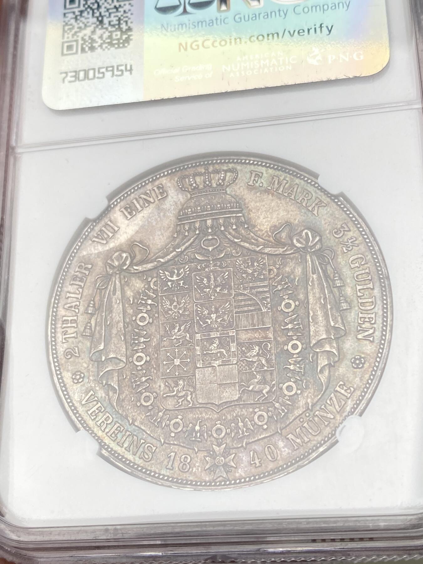 万国钱币拍卖第064期 NGC MS61 1840年德国普鲁士威廉三世大窗帘流通2泰勒 仅2年发行的普鲁士2T开山品种 比威廉四世难度大很多 原味欧陆五彩裹身高点俱佳