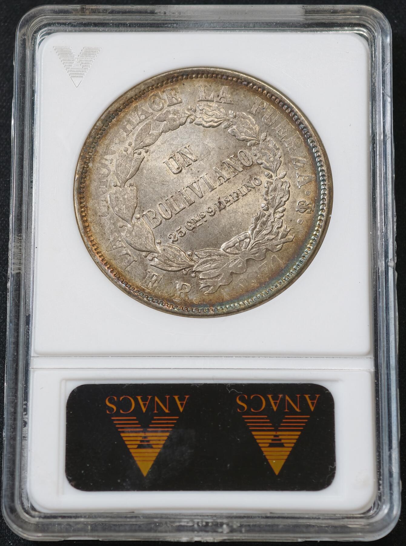甄臻铺-世界币章拍卖（第58期），送拍享返佣金等优惠多多 ANACS-MS60 玻利维亚1871年1BOLIV 非常少见的面值，黄油彩包浆味道好，盒子本身就已经是藏品了