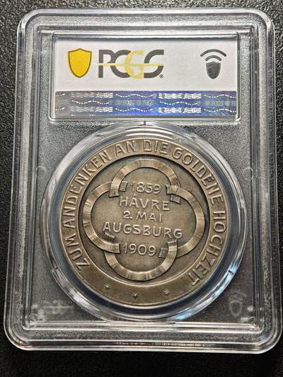 【德藏】世界币章拍卖第170期（拍品征集中~欢迎藏友联系） 1909年 德国奥格斯堡金婚纪念银章 人物传神 包浆细腻 PCGS SP64