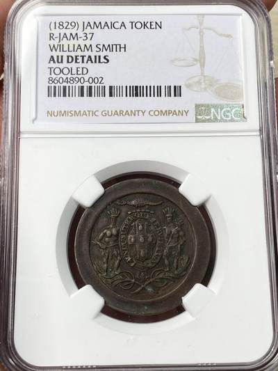 万国钱币拍卖第064期 - NGC AUD 1829年牙买加金斯敦葡萄酒商人威廉·史密斯（William Smith）发行的1便士代币，少见的19世纪殖民地商业代币，由英国伯明翰索霍造币厂（Soho Mint，工业革命先驱）铸造。
