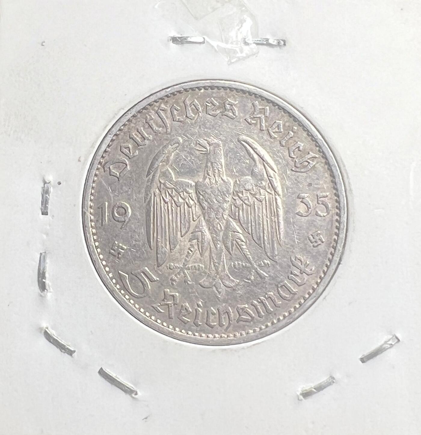 1935 年纳粹德国 5 马克银币 波茨坦加里森教堂 E 厂 第三帝国 90% 银