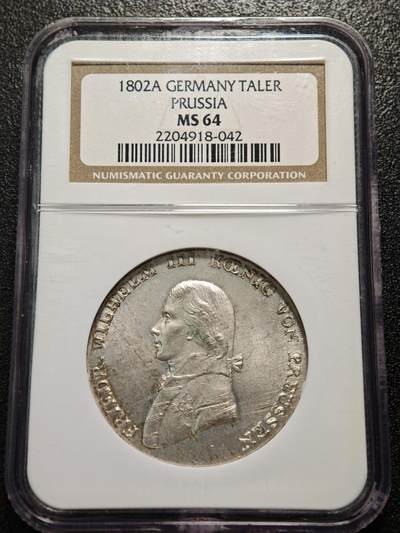 【德藏】世界币章拍卖第170期（拍品征集中~欢迎藏友联系） 冠军分！1802年 德国普鲁士腓特烈·威廉三世戎装泰勒银币 NGC MS64 原光犀利 状态极佳 品相难得 