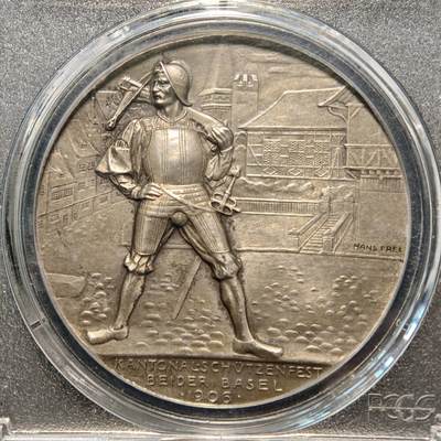 【德藏】世界币章拍卖第170期（拍品征集中~欢迎藏友联系） 1906年 瑞士巴塞尔射击节纪念银章 原味包浆 细节刻画极其细致 PCGS SP62