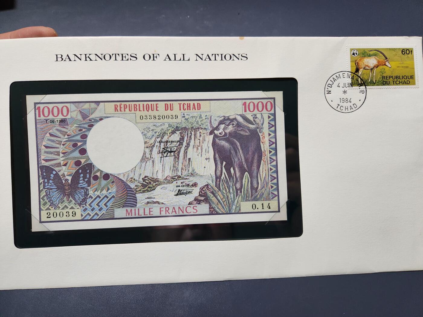 4月1号晚上8点 中外纸币自动截拍第50场 乍得1980年1000法郎 全新 富兰克林封
