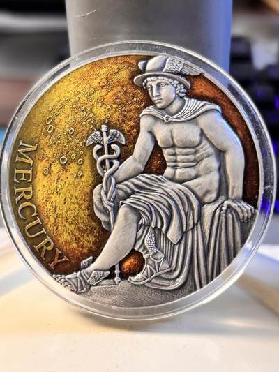 第196期拍卖 - 喀麦隆2019年行星之神系列1水星墨丘利3盎司彩银币，999银，发行500枚