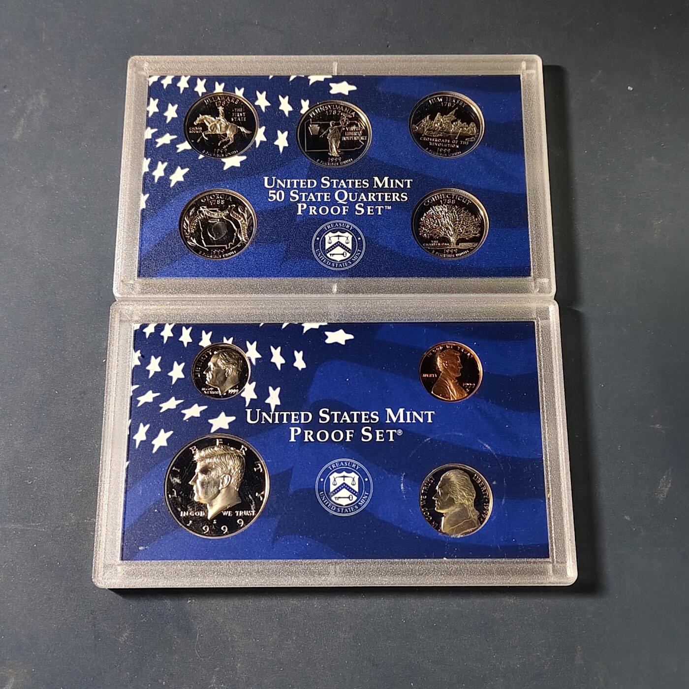 【全场包邮】纯粹捡漏拍517场 美国1999年官方封装精制套币（流通币一盒+州币一盒）-盒证全