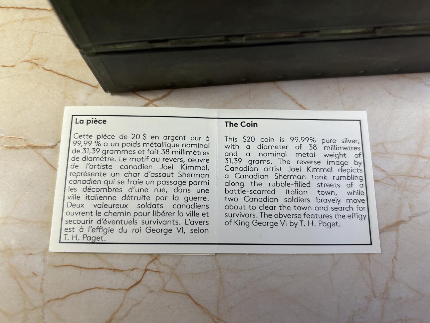 第196期拍卖 加拿大2015年二战胜利70周年意大利战役1盎司银币，9999银，发行10000枚