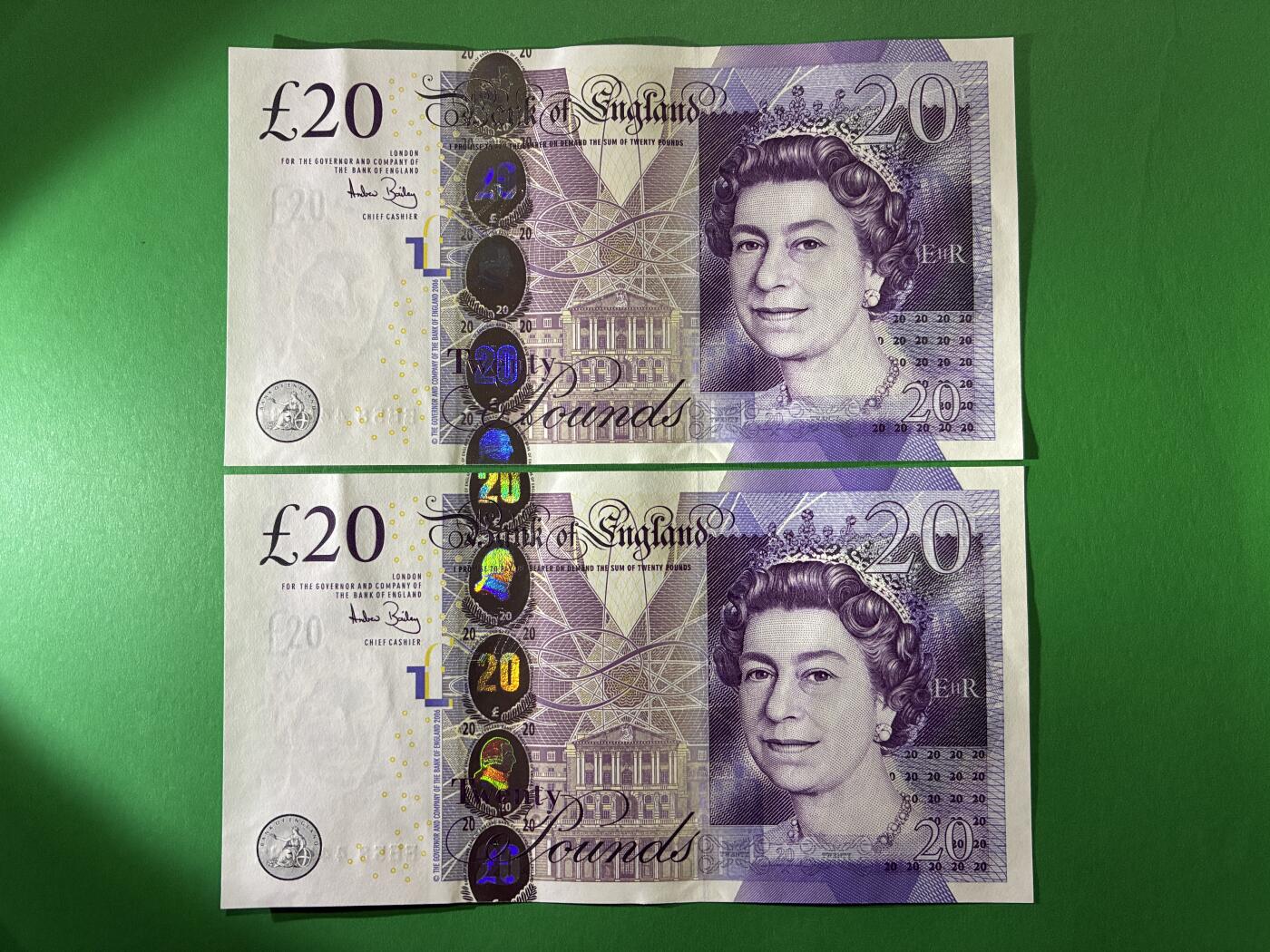 咖啡豆•收藏 2026年Apr_7th世界各国纸币拍卖 2枚 英国 2006年 20英镑 全新UNC连号 外国 欧洲纸币 31-32 女王钞