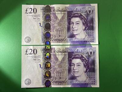 咖啡豆•收藏 2026年Apr_7th世界各国纸币拍卖 - 2枚 英国 2006年 20英镑 全新UNC连号 外国 欧洲纸币 31-32 女王钞