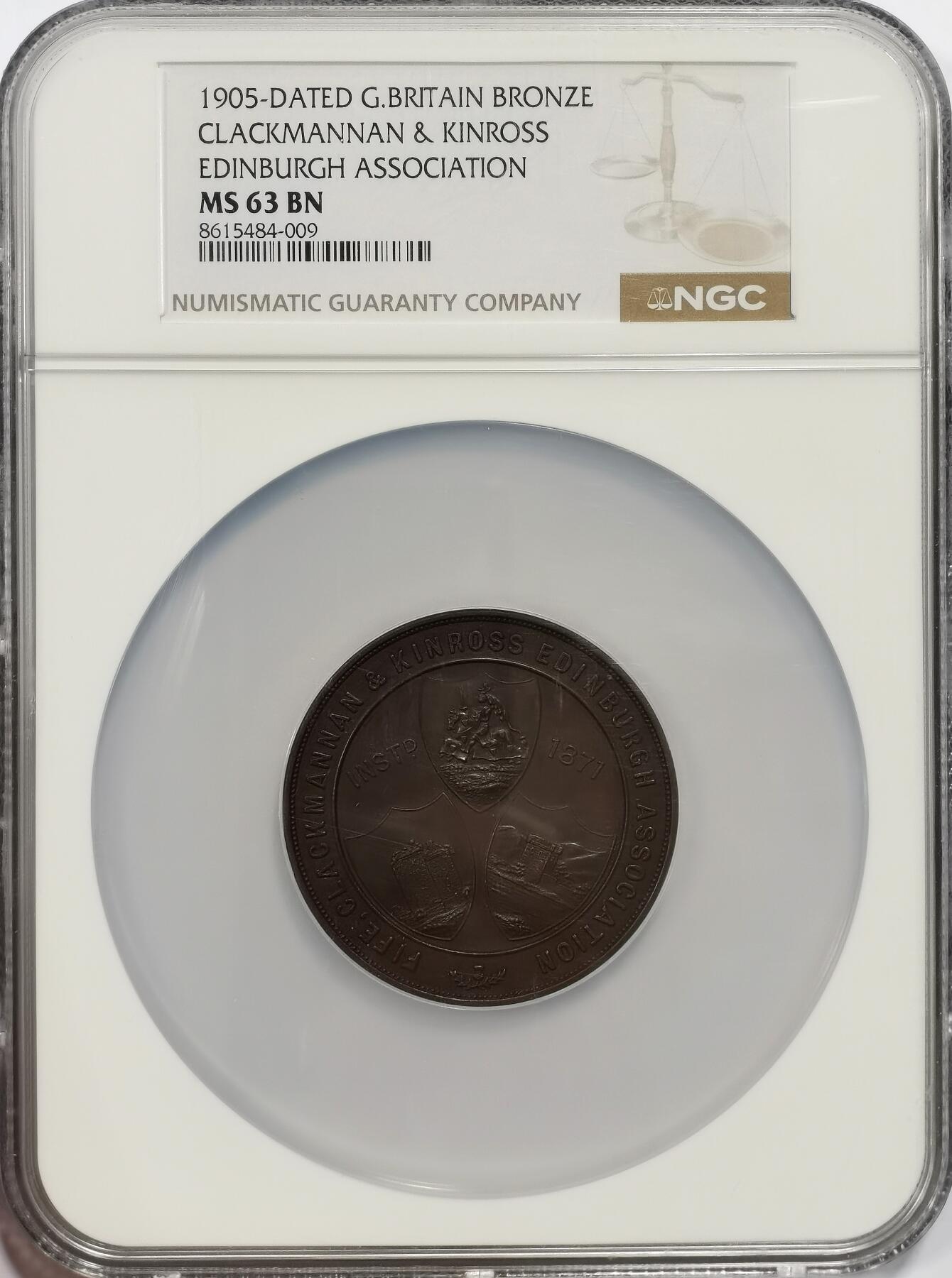 博洋堂世界钱币拍卖第167期（全场包邮） NGC MS63 英国1905年联合协会纪念大铜章，克拉克曼学院和金罗斯郡爱丁堡学院的纹章精美无敌，高浮雕养眼！