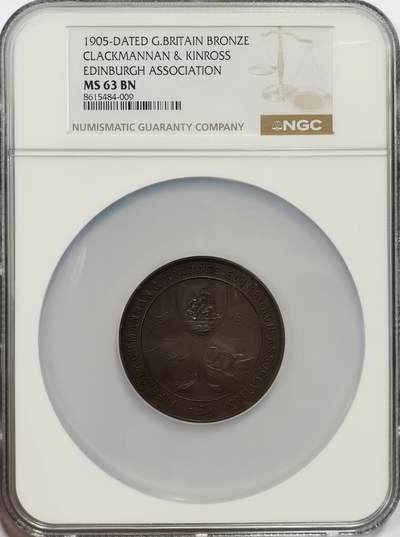 博洋堂世界钱币拍卖第167期（全场包邮） - NGC MS63 英国1905年联合协会纪念大铜章，克拉克曼学院和金罗斯郡爱丁堡学院的纹章精美无敌，高浮雕养眼！