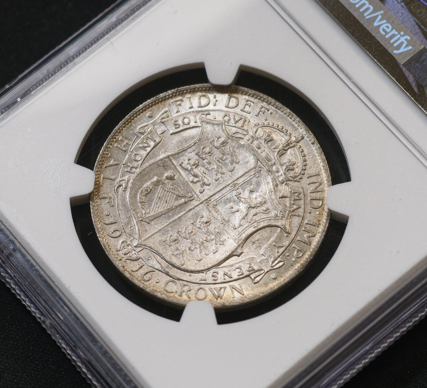 甄臻铺-世界币章拍卖（第58期），送拍享返佣金等优惠多多 NGC-MS63 1916年英国乔治五世半克朗，此品种多弱打，这枚发丝分明