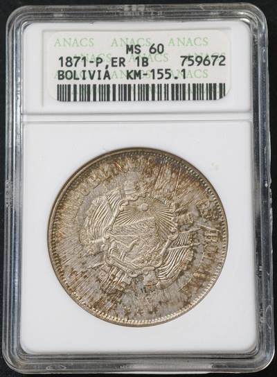 甄臻铺-世界币章拍卖（第58期），送拍享返佣金等优惠多多 - ANACS-MS60 玻利维亚1871年1BOLIV 非常少见的面值，黄油彩包浆味道好，盒子本身就已经是藏品了