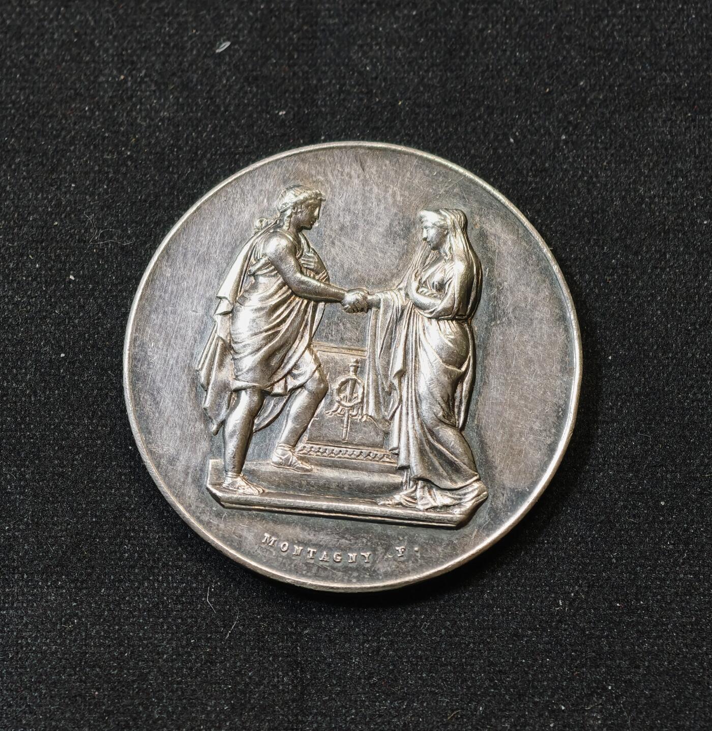 甄臻铺-世界币章拍卖（第58期），送拍享返佣金等优惠多多 19世纪法国结婚银章，34.8mm，18.5g 手指边铭 好品背面无刻字