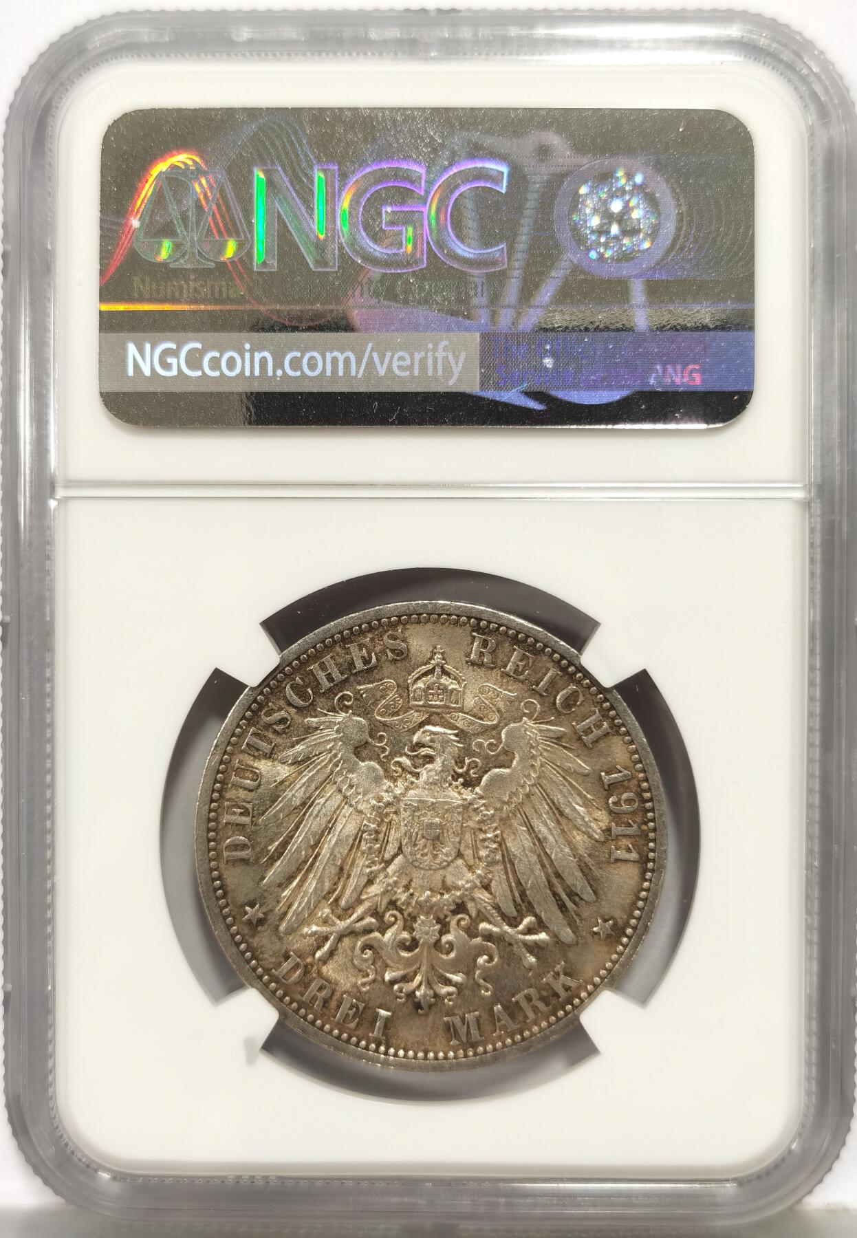 博洋堂世界钱币拍卖第167期（全场包邮） NGC MS65 德国1911年符腾堡银婚纪念3马克银币，淡金彩，彩不遮光。出厂般光泽，一步到位的高分好品。