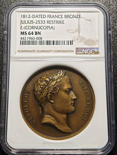 【德藏】世界币章拍卖第170期（拍品征集中~欢迎藏友联系） 1812年 法国拿破仑一世占领莫斯科纪念铜章（后铸版）正面拿破仑一世右侧面头像，背面莫斯科凯旋门。雕刻精细，细节清晰，品相几乎全新，保存状态极佳 NGC MS64BN