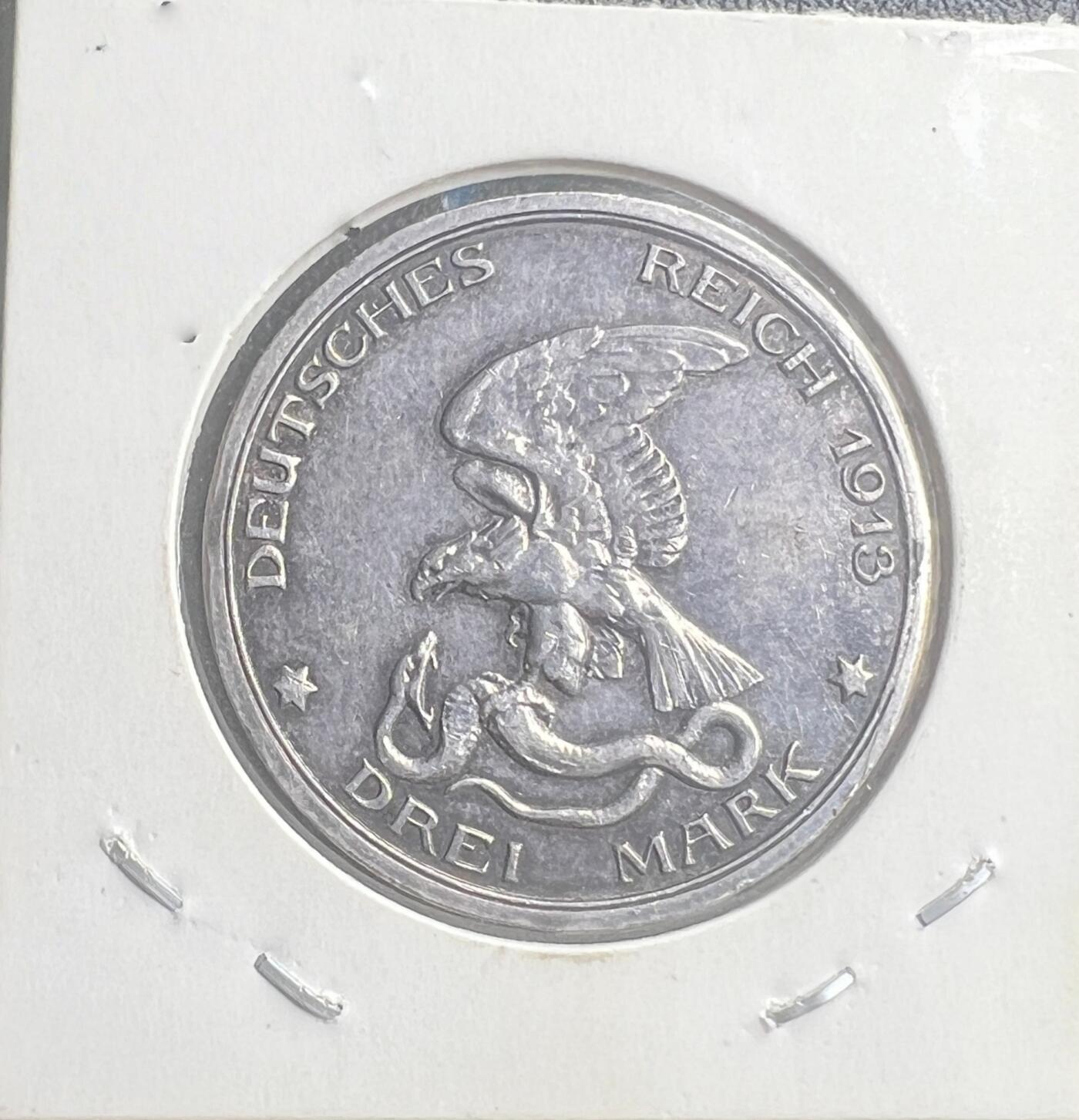 1913 年德国普鲁士 3 马克银币 战胜拿破仑 100 周年 德意志帝国纪念银币