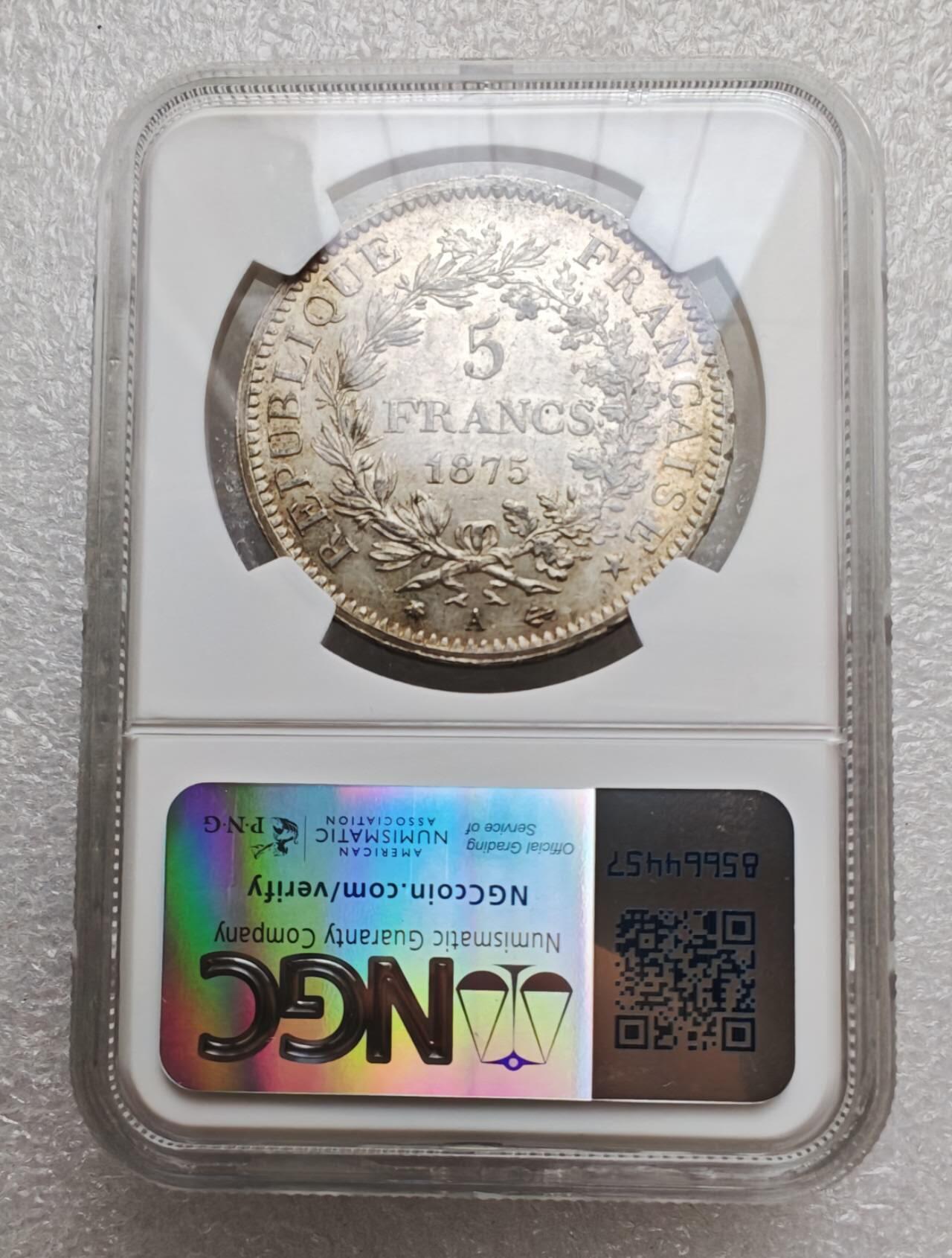 瓶子🏺第235期拍卖会  法国1875年稀少A版大力神5法郎银币（NGC MS 62）   法兰西第三共和国（French Third Republic）时期的经典赫拉克勒斯（Hercules）5法郎大银币，巴黎造币厂（Mark A）铸造，经NGC评级为 MS 62，是近代欧洲机制银币的精品