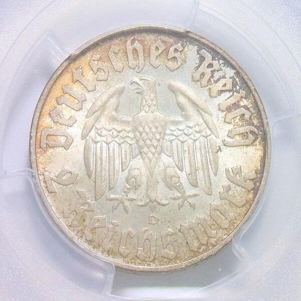 【银】PCGS MS64 德国第三帝国1933年D版 马丁路德2马克银币 黄金五彩 开卷原光