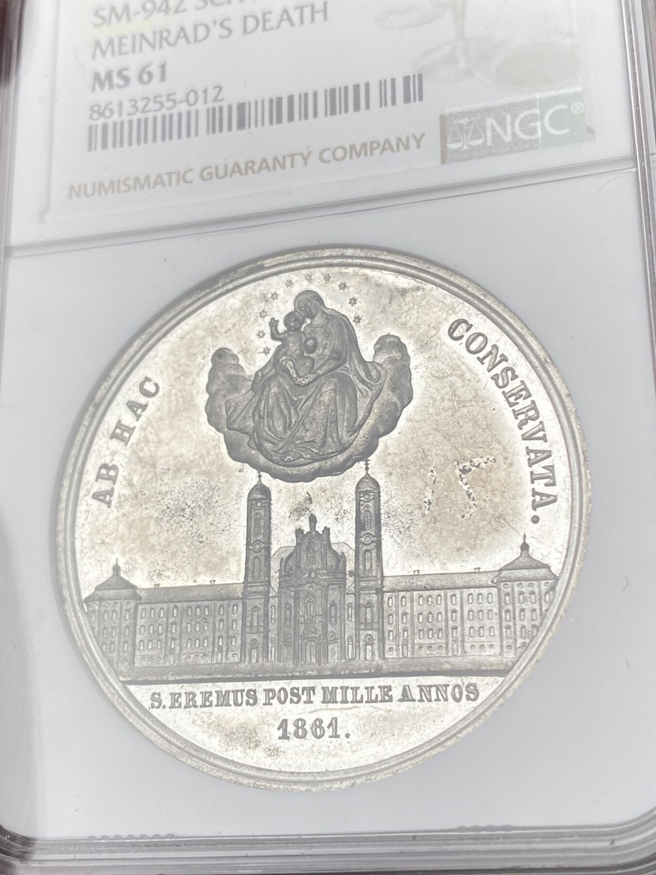 万国钱币拍卖第064期 NGC MS61 1861年瑞士亨利四世修道院建成1000周年纪念锡章 镜面精铸修道院景观丝丝入扣