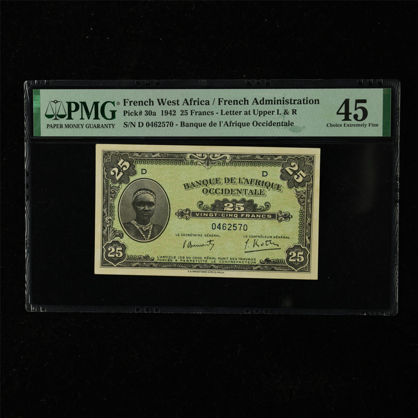 【亘邦集藏】第225期拍卖 1942年 法属西非25法郎 PMG 45 D 0462570