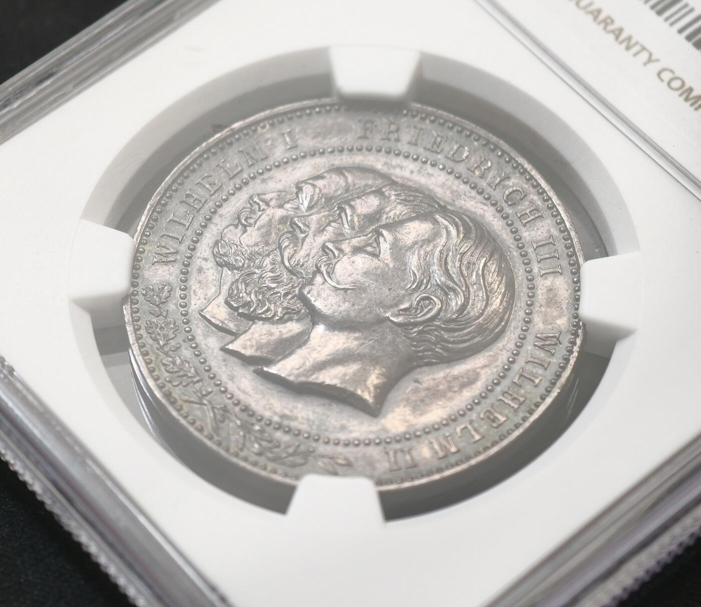 甄臻铺-世界币章拍卖（第58期），送拍享返佣金等优惠多多 NGC-UNCD 德国1888年三皇之年普鲁士鹰纪念银章 2026年3月麦稀奇拍卖同UNC品相最高成交价1600元，德国钱币经典名誉品，纪念1888年“三皇之年”特殊历史节点，全深打高浮雕帝国鹰，原味黑彩老包浆，德章大热门