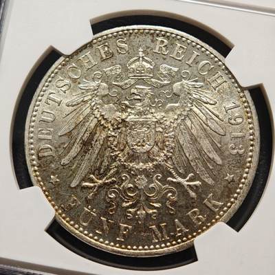 【德藏】世界币章拍卖第170期（拍品征集中~欢迎藏友联系） 1913年 德国巴伐利亚奥托5马克银币 NGC MS62 斑斓包浆 原光极强