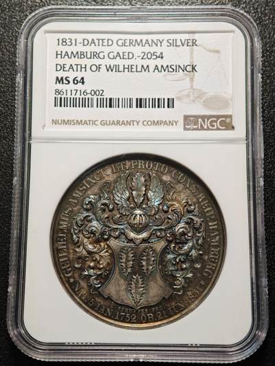 【德藏】世界币章拍卖第170期（拍品征集中~欢迎藏友联系） 1831年 德国汉堡市场威廉·阿姆辛克逝世纪念银章 五彩包浆 NGC MS64