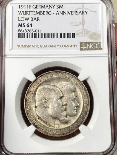万国钱币拍卖第064期 - NGC MS64 1911年德国符腾堡金婚流通纪念3马克 原味转光欧陆五彩极美