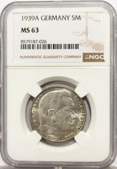博洋堂世界钱币拍卖第167期（全场包邮） - NGC MS63 德国1939A兴登堡带万字5马克银币，丝滑转光底板，充分流通品种，63分是一个分水岭，非常漂亮的一枚