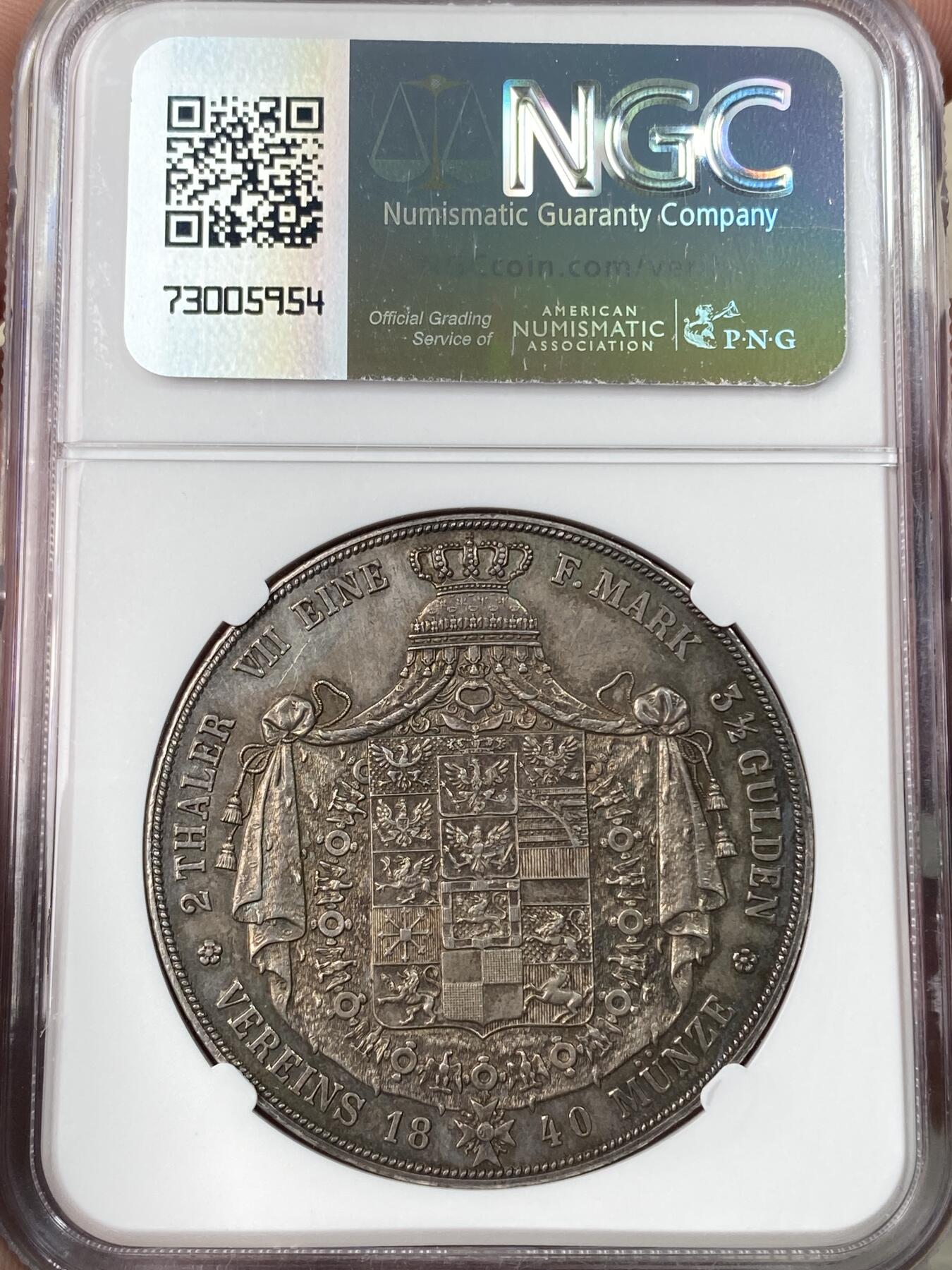 万国钱币拍卖第064期 NGC MS61 1840年德国普鲁士威廉三世大窗帘流通2泰勒 仅2年发行的普鲁士2T开山品种 比威廉四世难度大很多 原味欧陆五彩裹身高点俱佳