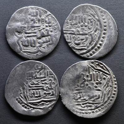 【良泉】4月16日【西方古代打制币】拍卖108件 - 公元1295-1304年【蒙古】伊尔汗国，合赞汗“三体文”银币三第尔汗版4枚，总重8.69克