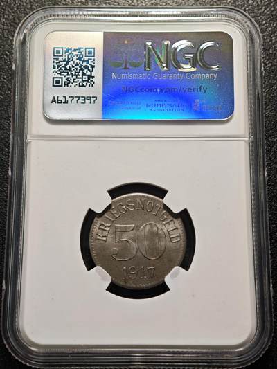 【德藏】世界币章拍卖第170期（拍品征集中~欢迎藏友联系） 1917年 德国紧急时期菲尔特50芬尼铁币 NGC MS64 保存不易 好品难得