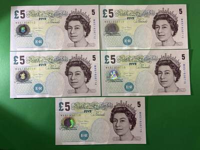 咖啡豆•收藏 2026年Apr_7th世界各国纸币拍卖 - 5枚 英国 2002年 5英镑 全新UNC连号 外国 欧洲纸币 12-16 女王钞