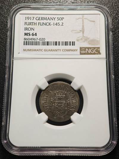 【德藏】世界币章拍卖第170期（拍品征集中~欢迎藏友联系） 1917年 德国紧急时期菲尔特50芬尼铁币 NGC MS64 保存不易 好品难得