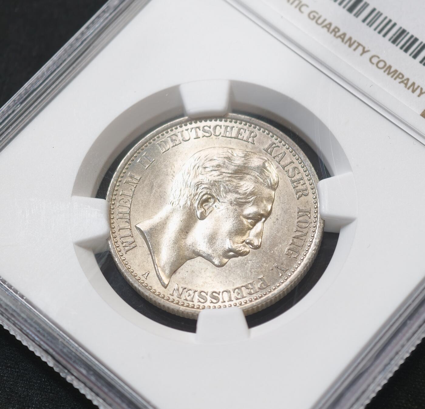 甄臻铺-世界币章拍卖（第58期），送拍享返佣金等优惠多多 NGC-MS62 1907年德国普鲁士2马克银币（流通版），少见好品