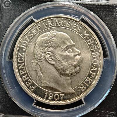 【德藏】世界币章拍卖第170期（拍品征集中~欢迎藏友联系） 1907年 奥匈帝国匈牙利版弗朗茨·约瑟夫一世加冕40周年5科罗纳精制纪念银币 老盒封装 原光极强 PCGS PR67CAM