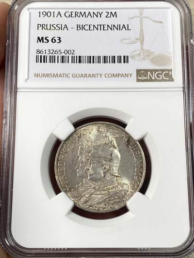 万国钱币拍卖第064期 - NGC MS63 1901年德国普鲁士建国200周年2马克 经典品种 原味淡彩转光