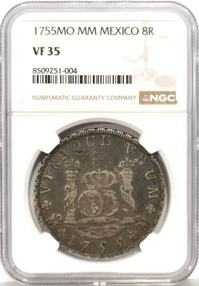 博洋堂世界钱币拍卖第167期（全场包邮） - NGC VF35 西属墨西哥1755年MO MM费迪南六世地球双柱8R银币