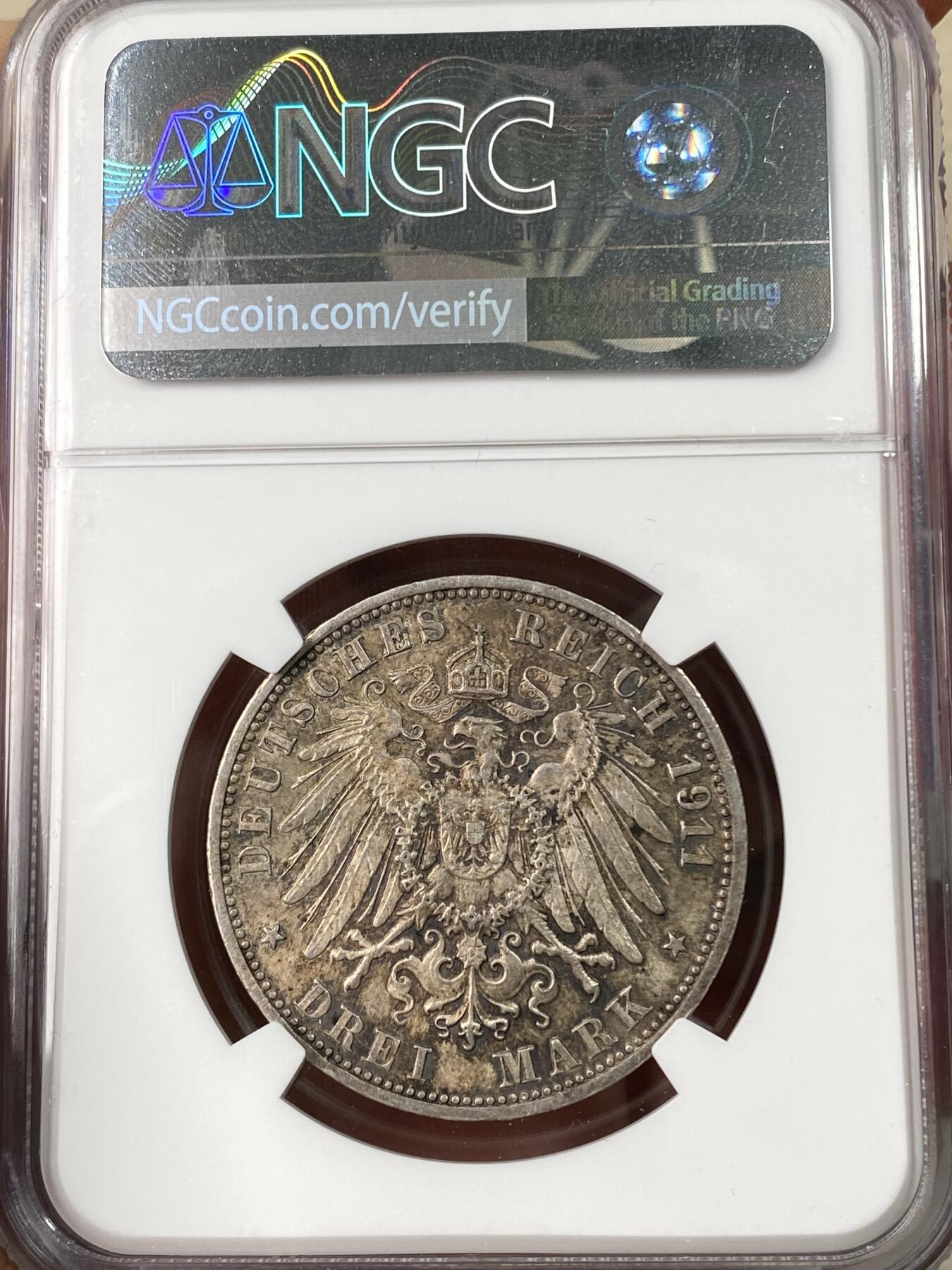 万国钱币拍卖第064期 NGC MS64 1911年德国符腾堡金婚流通纪念3马克 原味转光欧陆五彩极美