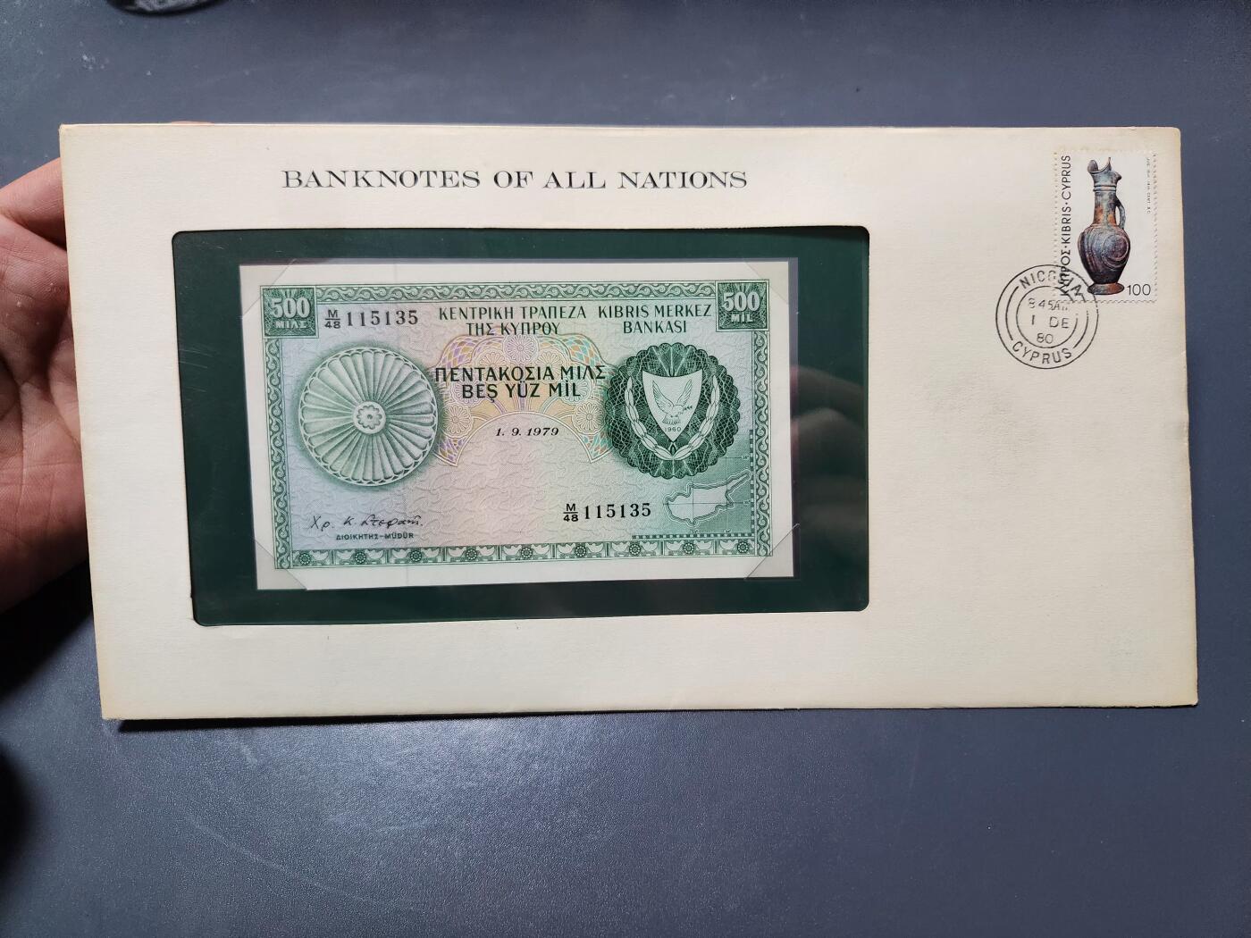 4月1号晚上8点 中外纸币自动截拍第50场 1979年欧洲塞浦路斯500米尔纸币富兰克林邮币封全新