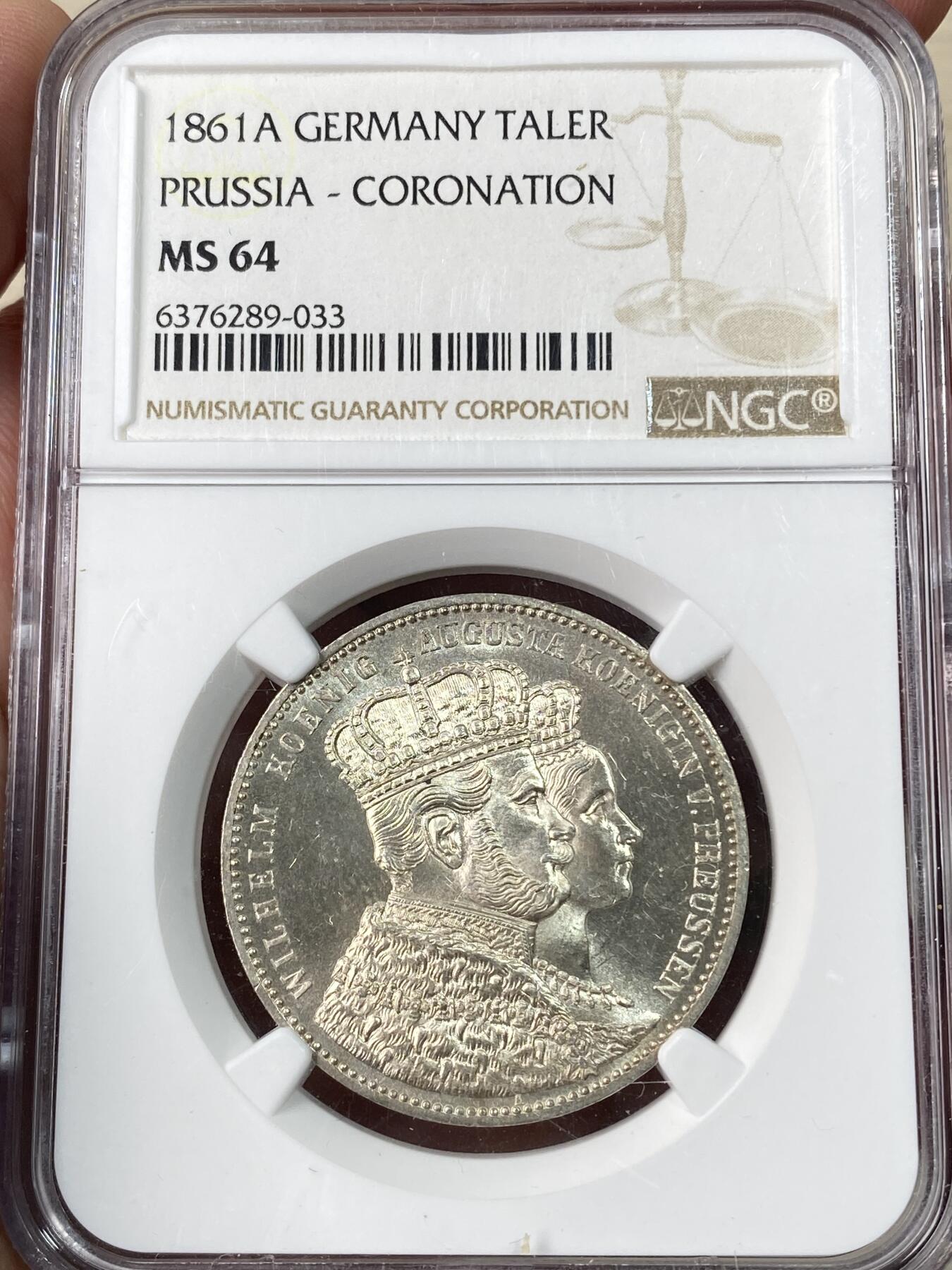 万国钱币拍卖第064期 NGC MS64 1861年德国普鲁士威廉国王加冕纪念泰勒 著名的毛衣泰勒 轻微镜面银霜丝绸光泽