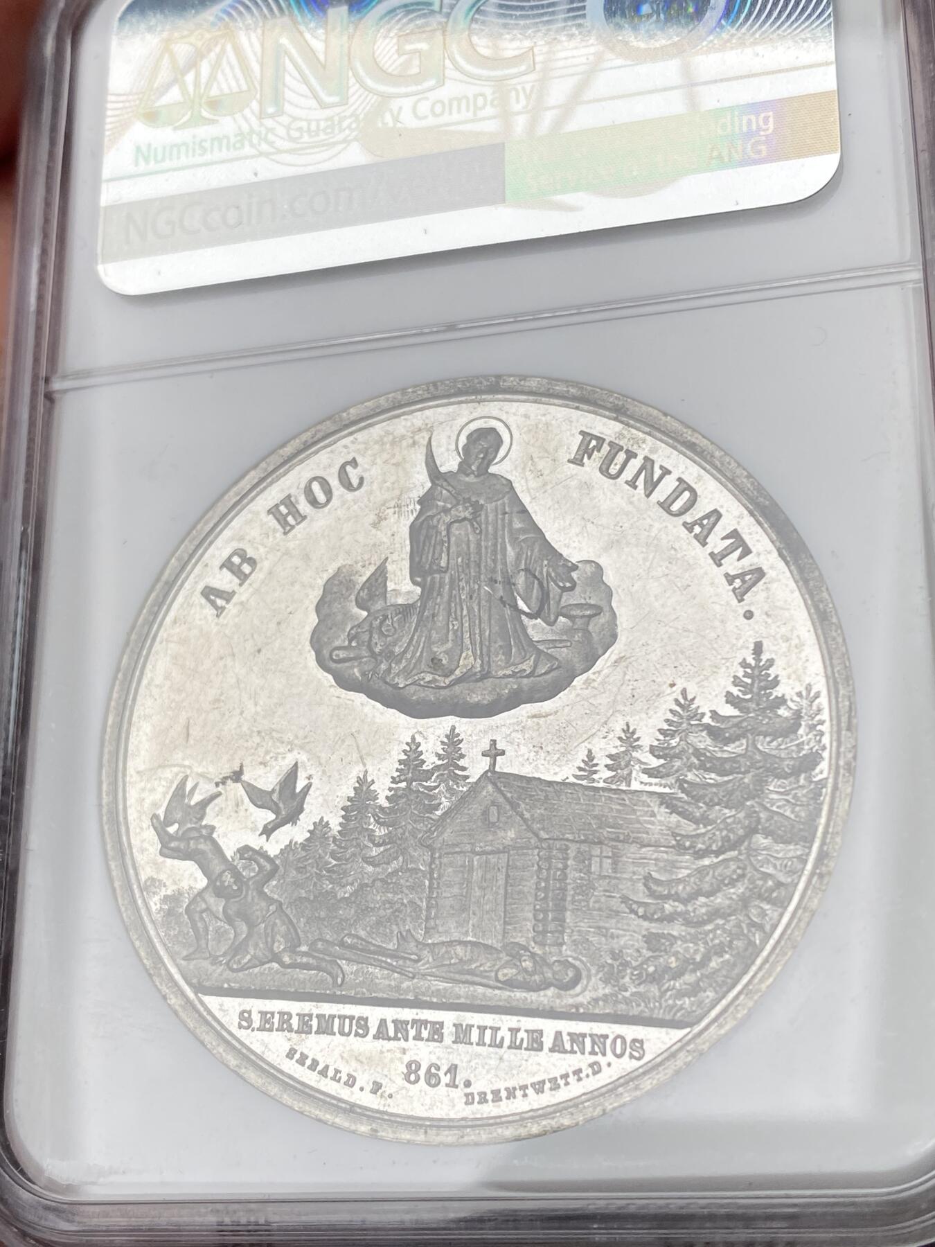 万国钱币拍卖第064期 NGC MS61 1861年瑞士亨利四世修道院建成1000周年纪念锡章 镜面精铸修道院景观丝丝入扣